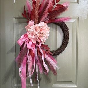 Pink & Burgundy Fall Wreath with Hydrangeas, Pampas Grass & Layered Bows